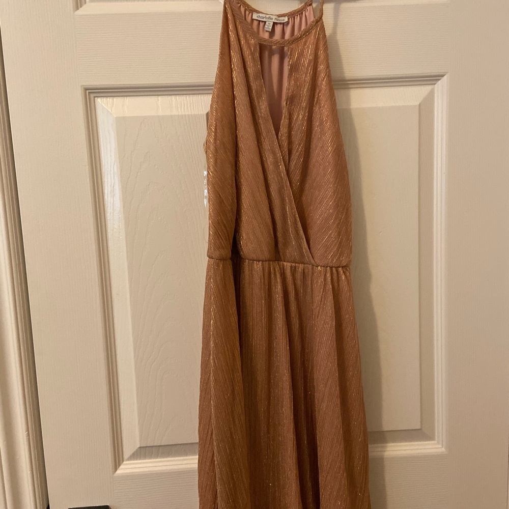 Pink with gold detail halter dress